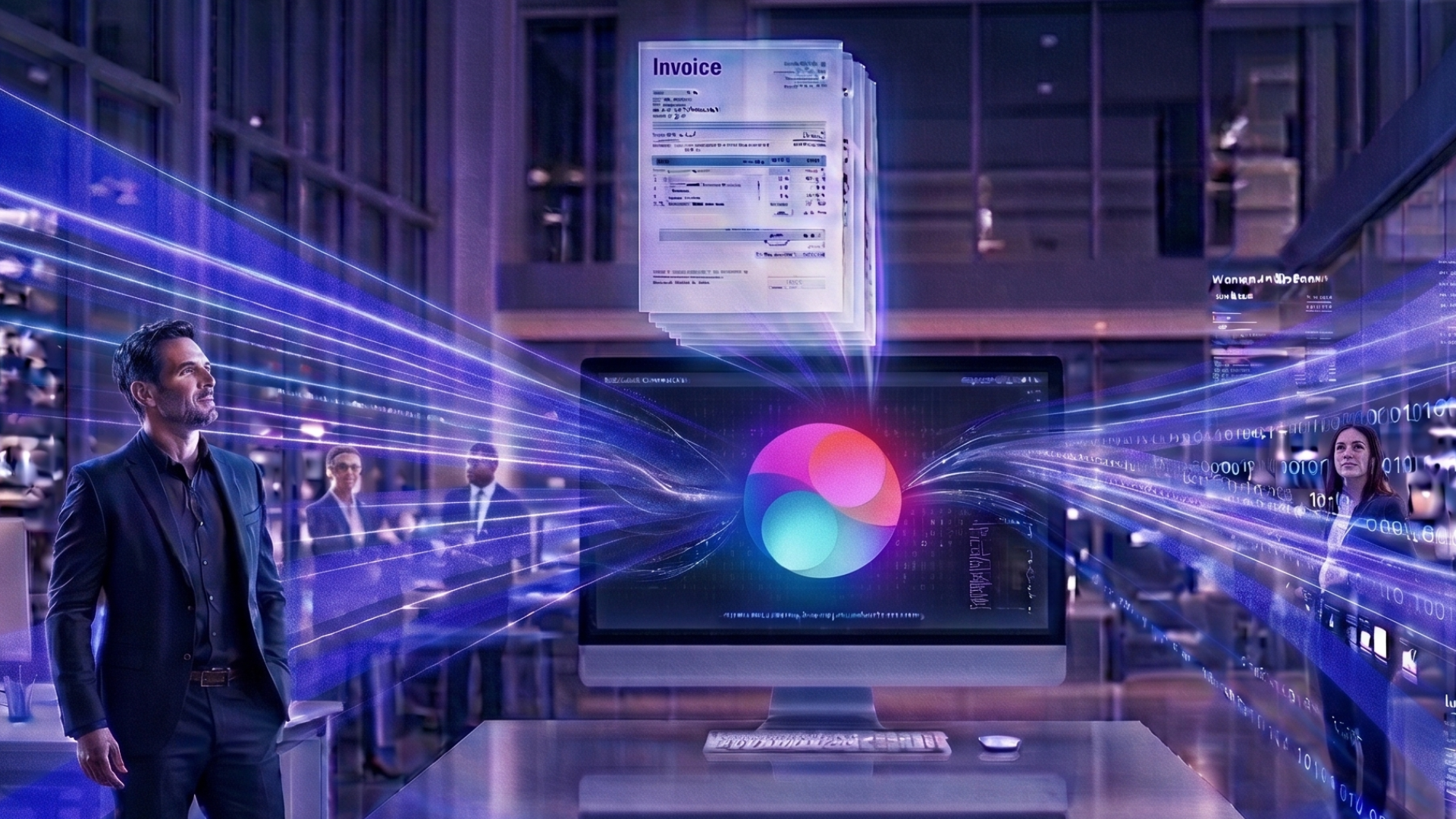 Invoices being automated to data on a computer screen powered by AI