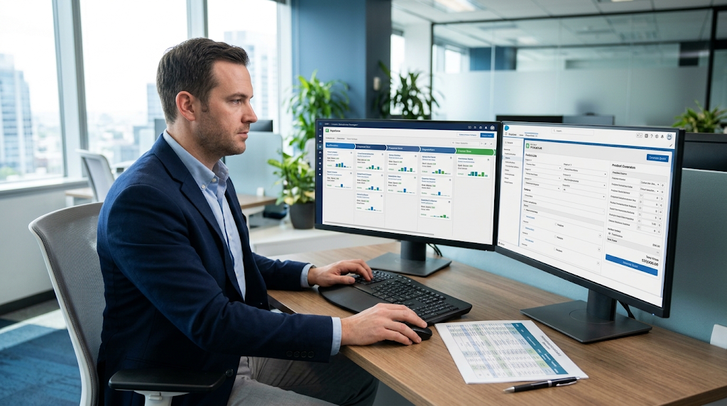 Commerciale consulta CRM, CPQ ed ERP integrati per preparare un preventivo configurabile