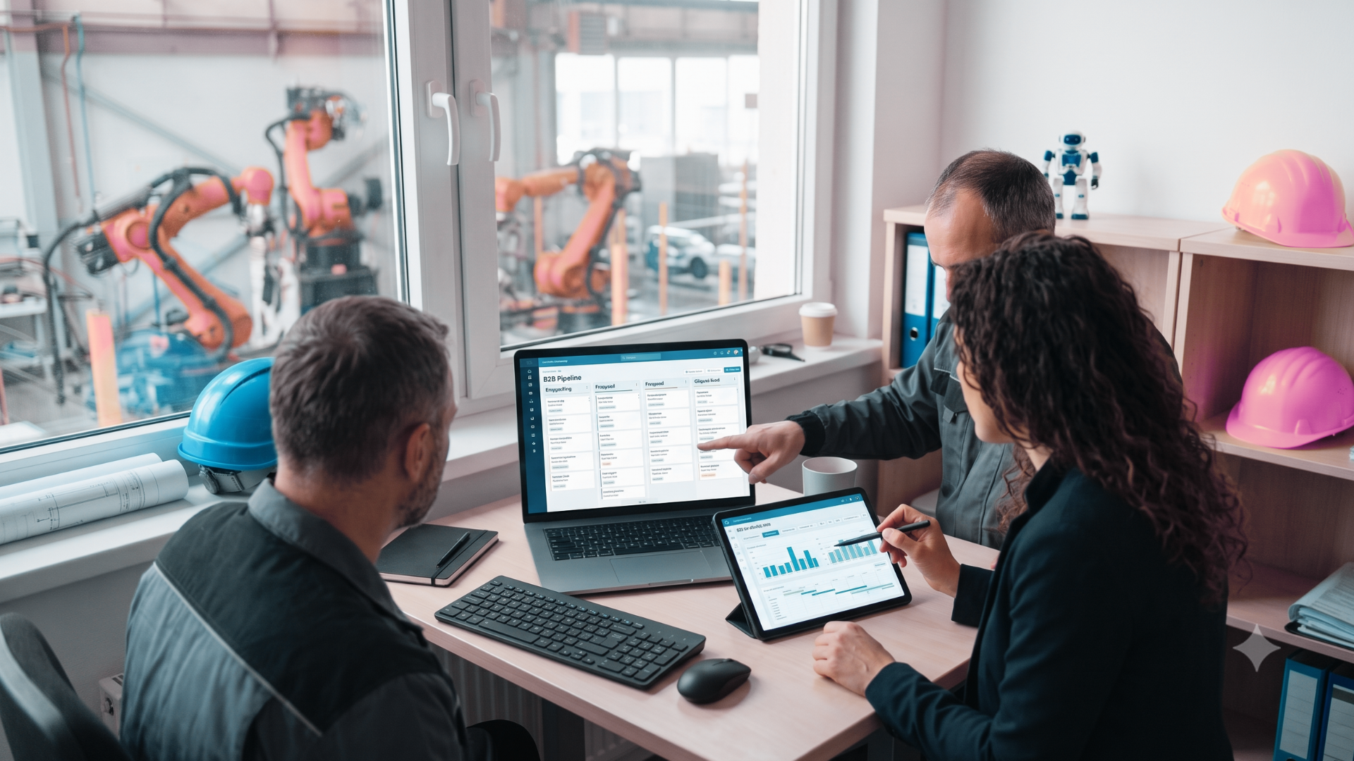 Team commerciale e produzione analizzano insieme pipeline CRM e dati su laptop e tablet, con la fabbrica sullo sfondo